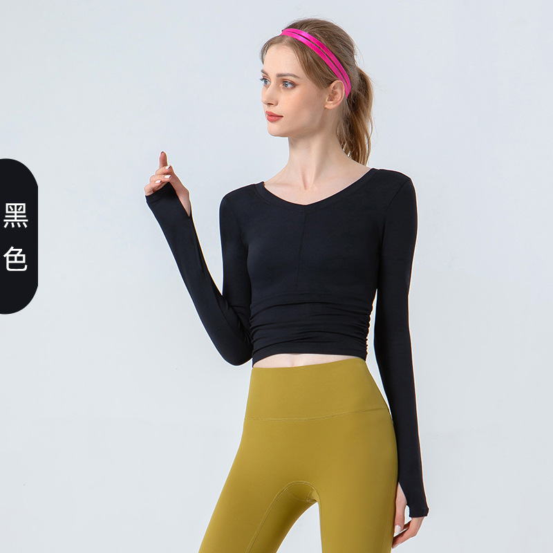 跨境欧美亚马逊秋冬新款瑜伽服长袖女 V领褶皱紧身显瘦露脐上衣 速干透气健身服瑜伽运动服饰瑜伽服细节图