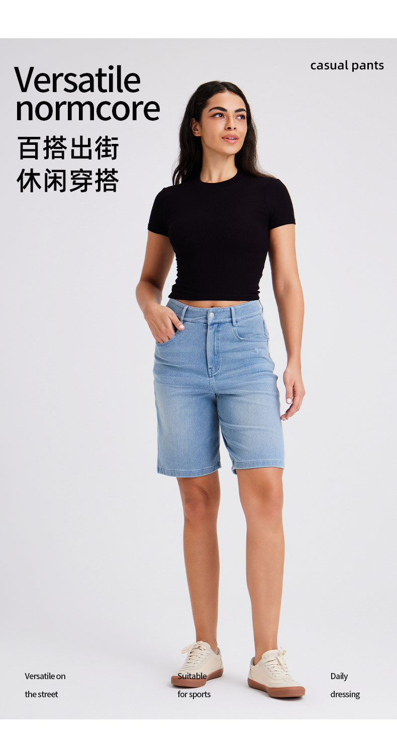 跨境新款猫须马骝牛仔短裤女高腰显瘦弹力口袋带扣健身休闲短裤 女裤女式2025牛仔裤女牛仔裤女装详情图14