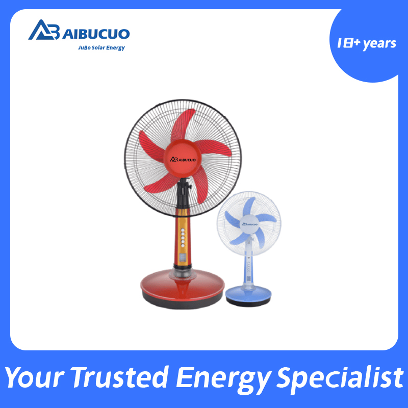 AIBUCUO JB-DC16A, a best-selling solar fan in Africa, is a 12v AC/DC desktop fan with an LED light and a USB interface