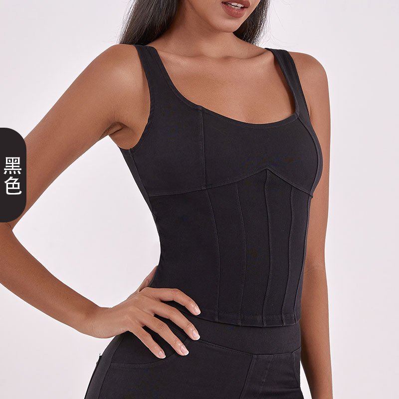 跨境欧美非洲大码秋冬新款牛仔瑜伽吊带背心女弹力紧身带胸垫美背运动外穿健身上衣 运动衣内衣运动内衣