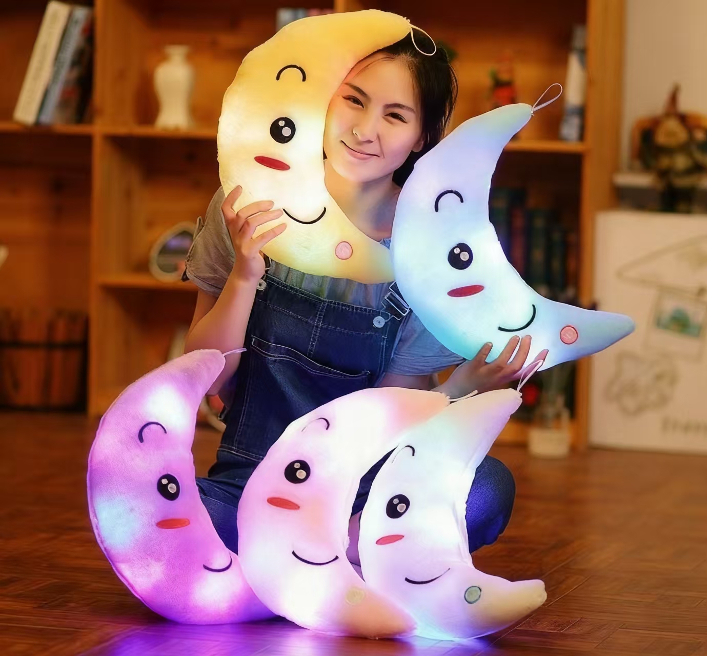 Colorful luminous moon pillow, small starfish throw pillow, star doll, plush toy, Valentine's Day creative birthday gift for girls, random color