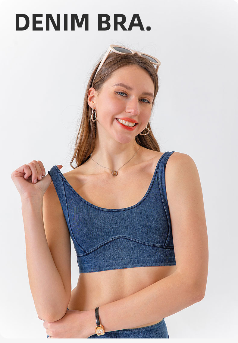欧美跨境新款牛仔瑜伽运动内衣女紧身弹力高强度防震聚拢健身文胸 运动内衣内衣运动衣详情图4