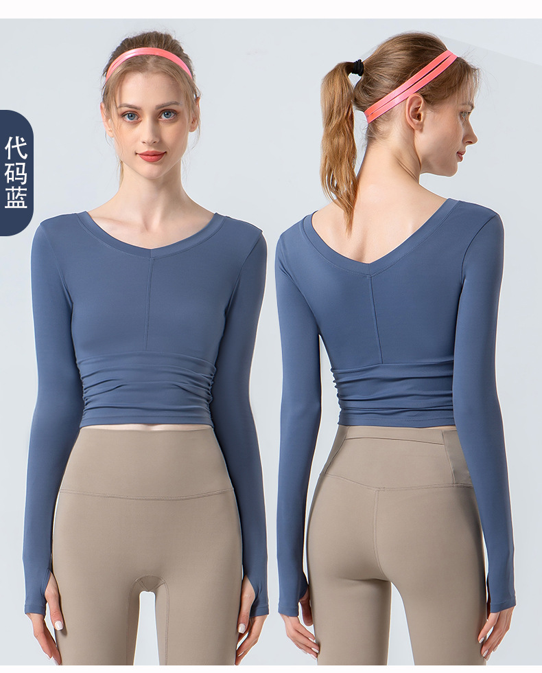 跨境欧美亚马逊秋冬新款瑜伽服长袖女 V领褶皱紧身显瘦露脐上衣 速干透气健身服瑜伽运动服饰瑜伽服详情图13