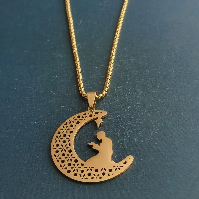 Cross-border foreign trade titanium steel stainless steel necklace pendant for men and women, fashionable and creative accessory, exquisite and trendy moon prayer detail image 4