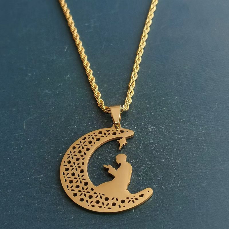 Cross-border foreign trade titanium steel stainless steel necklace pendant for men and women, fashionable and creative accessory, exquisite and trendy moon prayer details Picture
