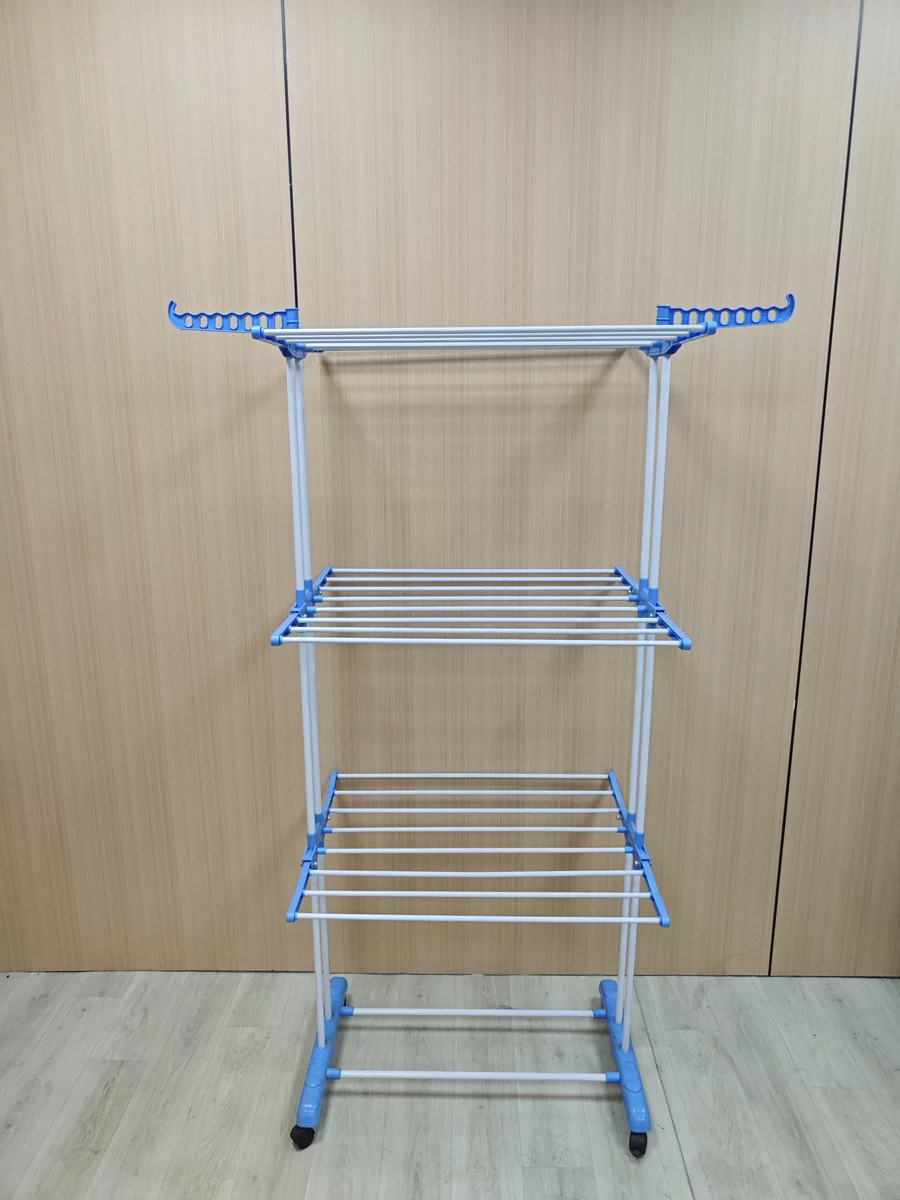 可折叠晾衣架室内铁喷塑落地三层晒衣架阳台多功能毛巾置物架 htt