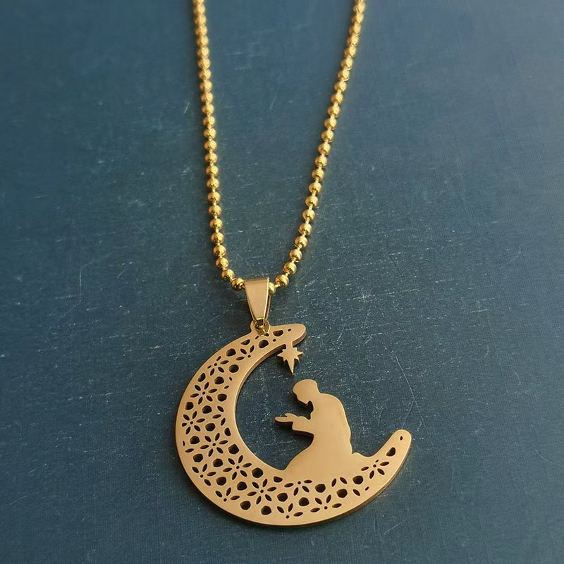 Cross-border foreign trade titanium steel stainless steel necklace pendant for men and women, fashionable and creative accessory, exquisite and trendy moon prayer Item Picture
