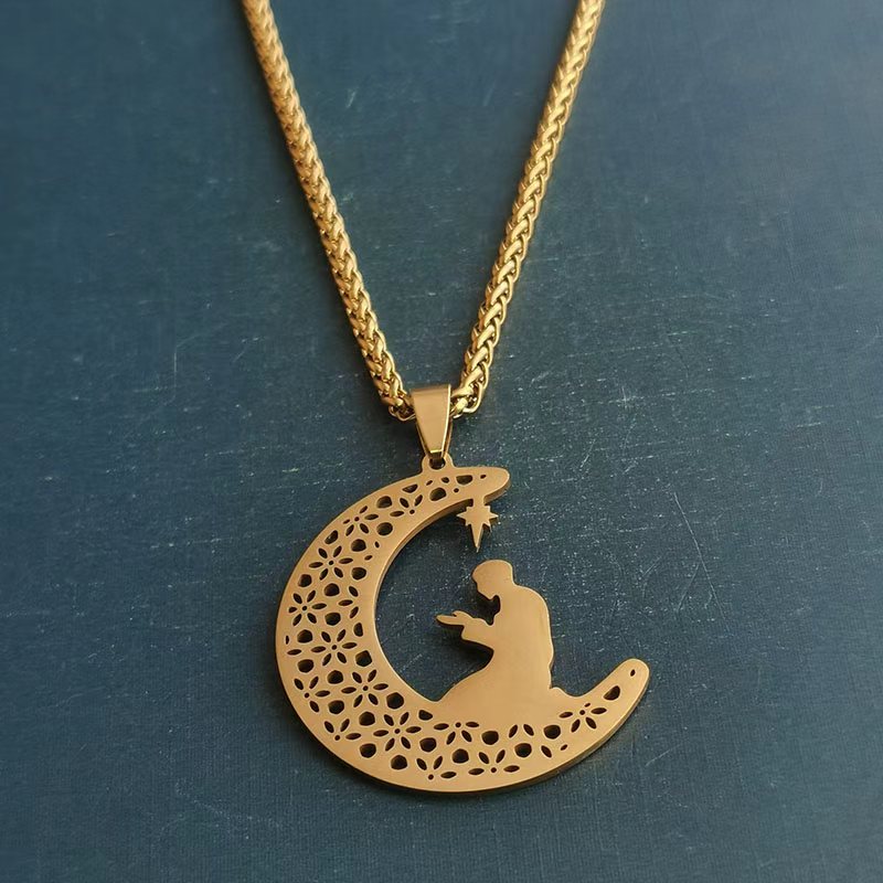 Cross-border foreign trade titanium steel stainless steel necklace pendant for men and women, fashionable and creative accessory, exquisite and trendy moon prayer detail image 5