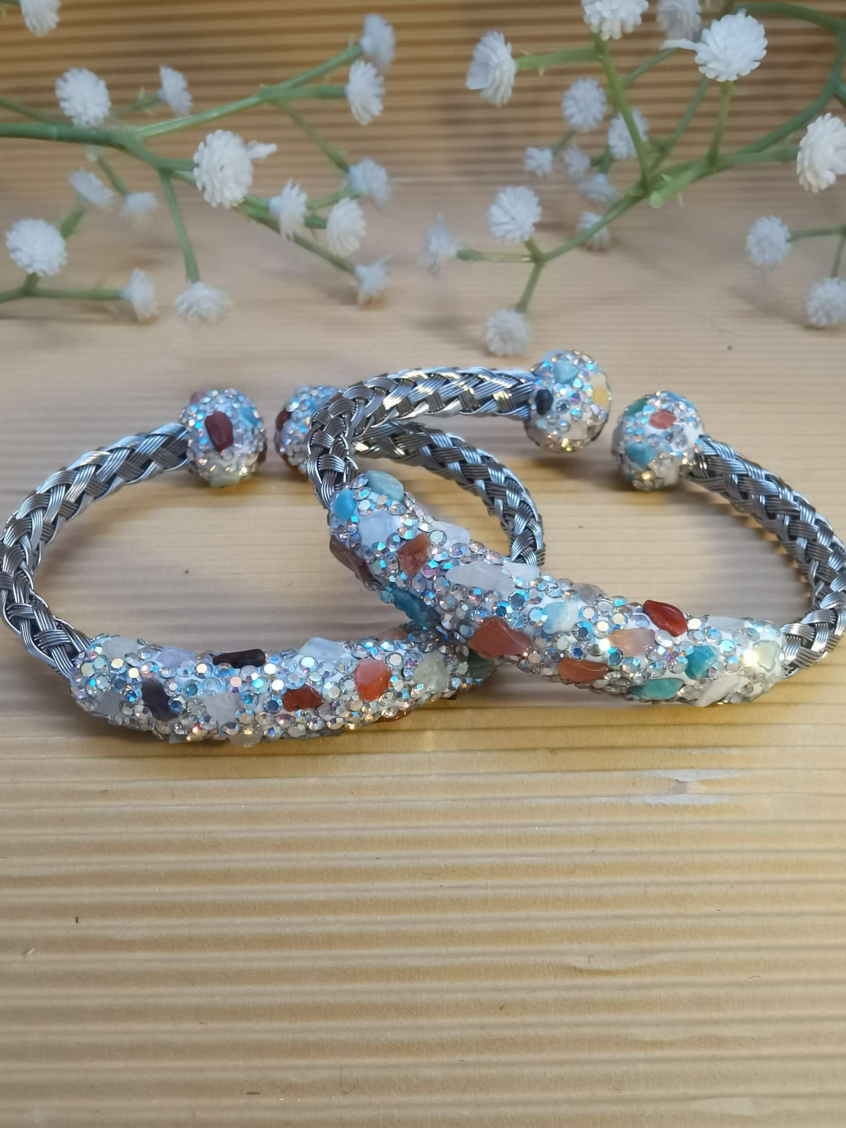 碧玺天然石水钻不锈钢女式手镯钛钢开口手镯