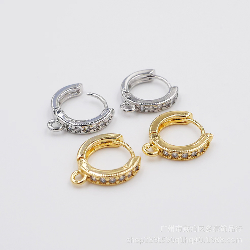 铜耳环电镀18K金色耳扣耳饰镶锆石耳扣带吊圈女式配件首饰品批发