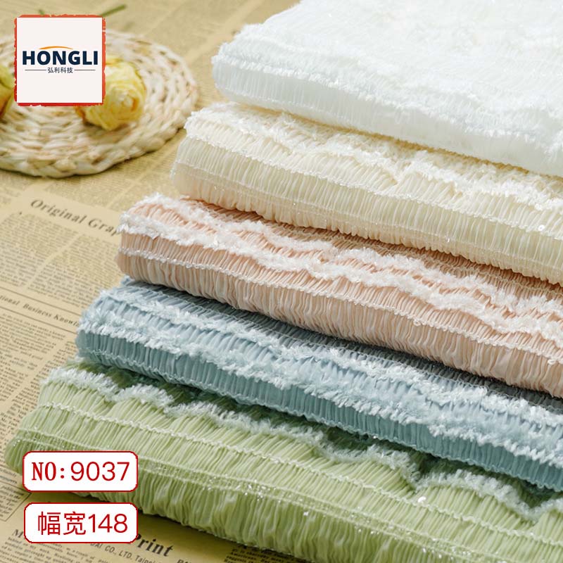 Summer new style chiffon striped crocheted black ear-trimmed pleated fabric multi-color fairy dress, wedding dress and evening gown fashion fabric