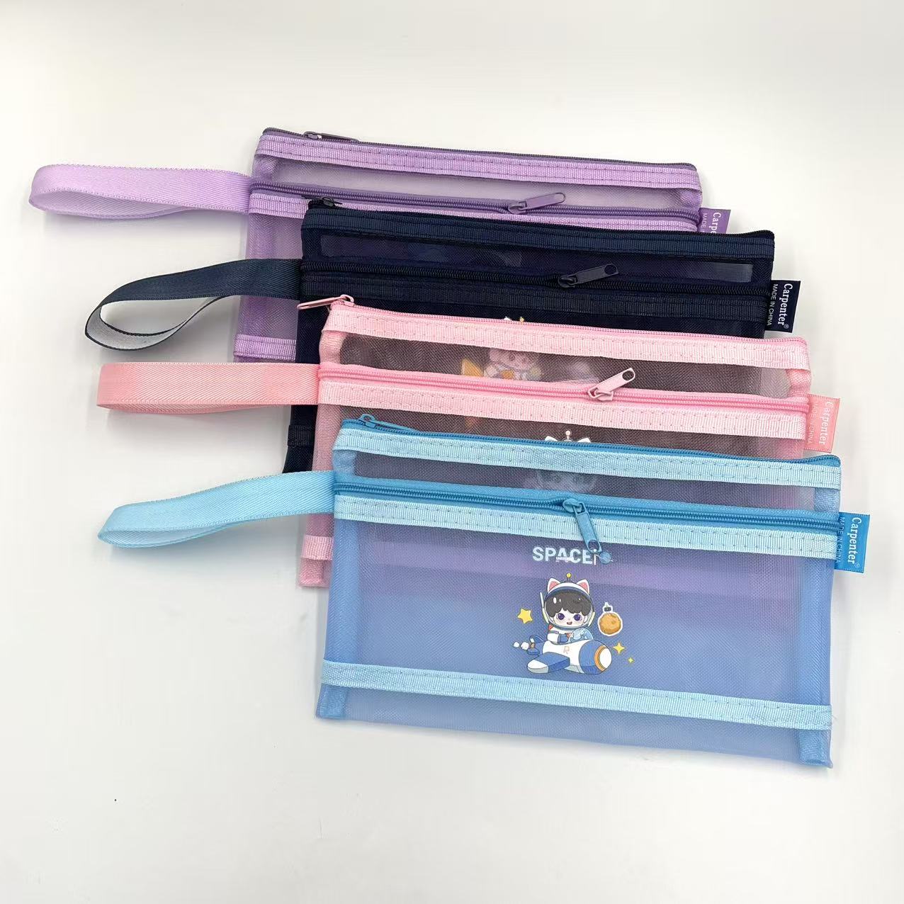 B6 zipper bag, cartoon printed net bag, student stationery bag, double-layer pen case, office materials bag