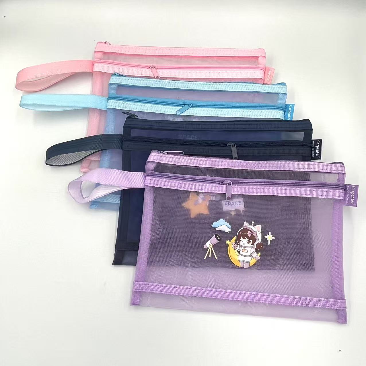 A5 zipper bag, cartoon printed mesh bag, student stationery bag, double-layer pen case, office materials bag
