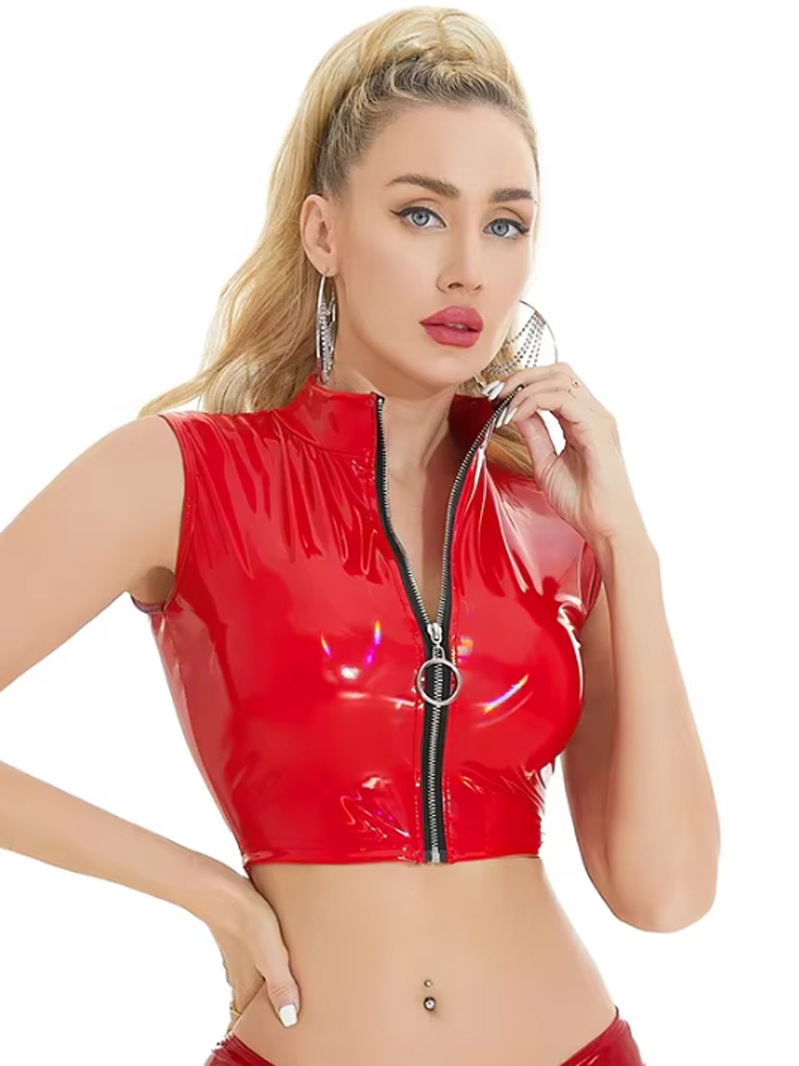 2026世界杯啦啦队服大码亮皮油亮幻彩炫彩无袖紧身上衣无袖拉链露脐装跨境电商，爆款亚马逊速卖通独立站批发成人衣服详情图8
