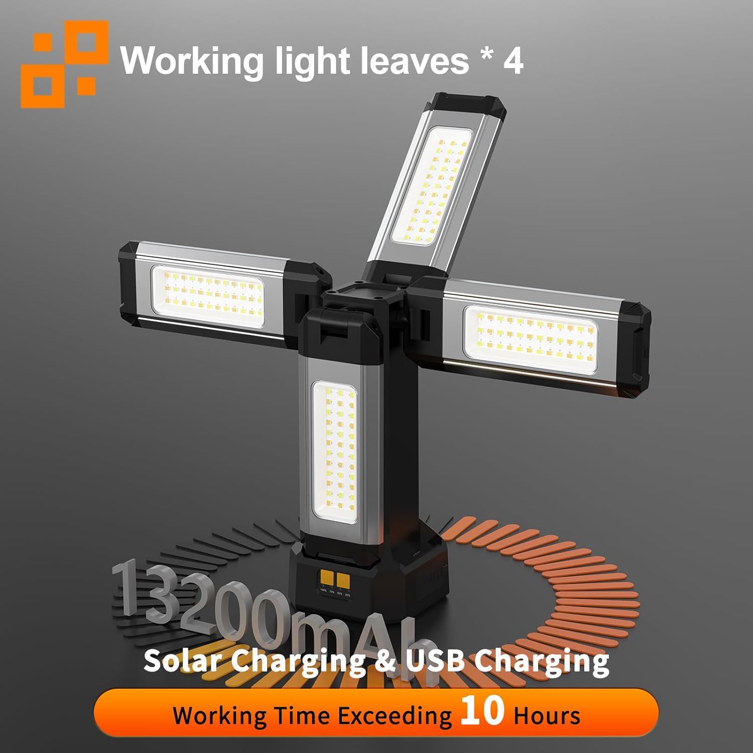 The 1200-lumen aluminum umbrella lamp has a hook, is foldable and can be equipped with a bracket. It features a Type-C charging function with three adjustable Settings Specification drawing