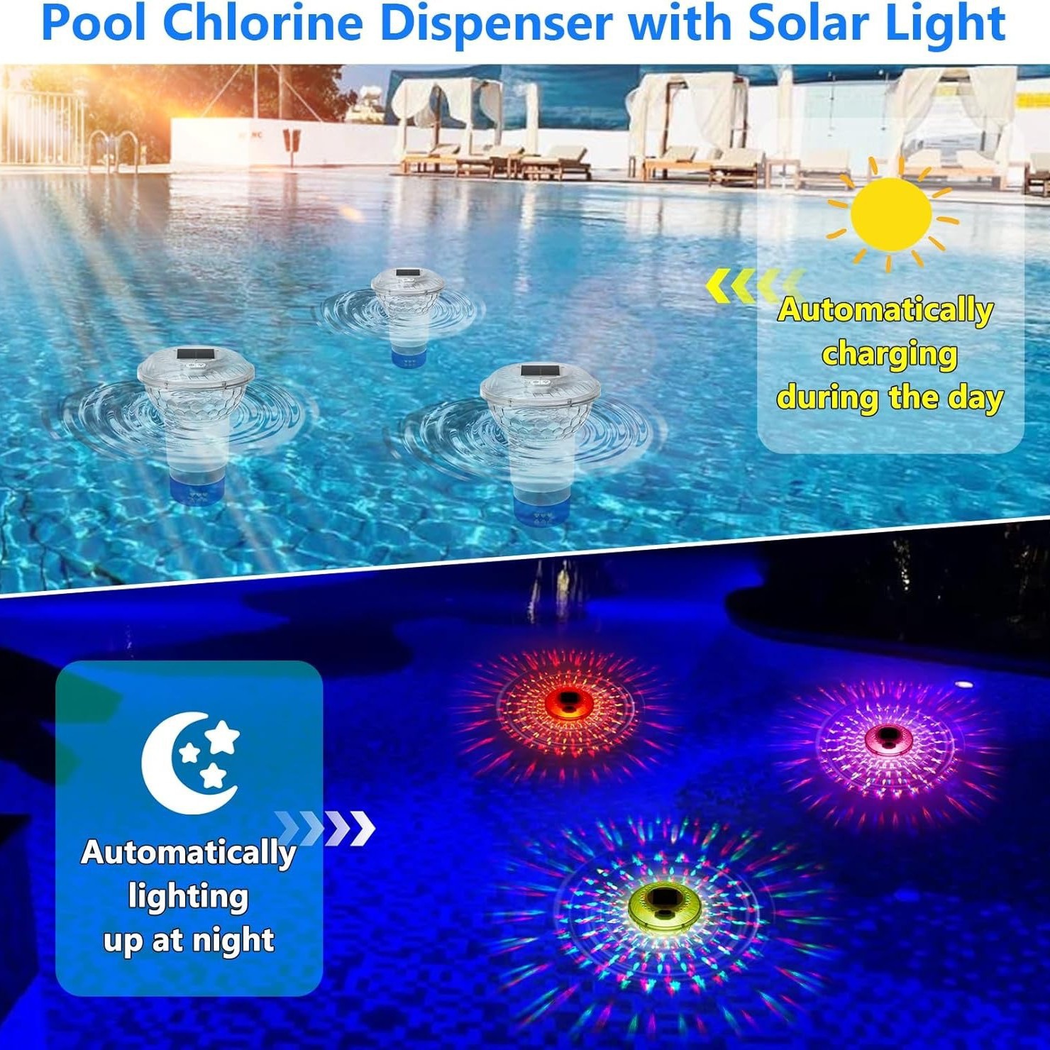 2025 Cross-border new product LED solar floating swimming pool light RGB seven-color remote control swimming pool chlorine float, chlorine float device light Application Scenario