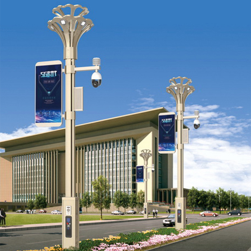 Outdoor 5G smart street lamps, multi-functional environmental monitoring LED display screens, charging piles, urban lighting comprehensive lamp poles full figure