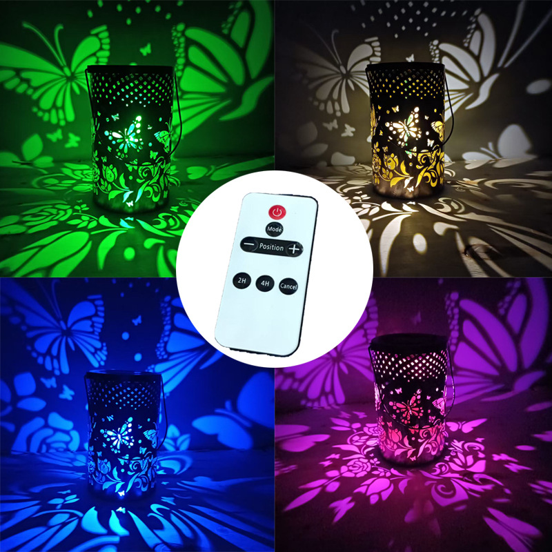 Cross-border best-selling solar-powered iron lanterns, remote-controlled color-adjustable 3D dynamic projection garden lamps, hummingbird and butterfly waterproof Specification drawing