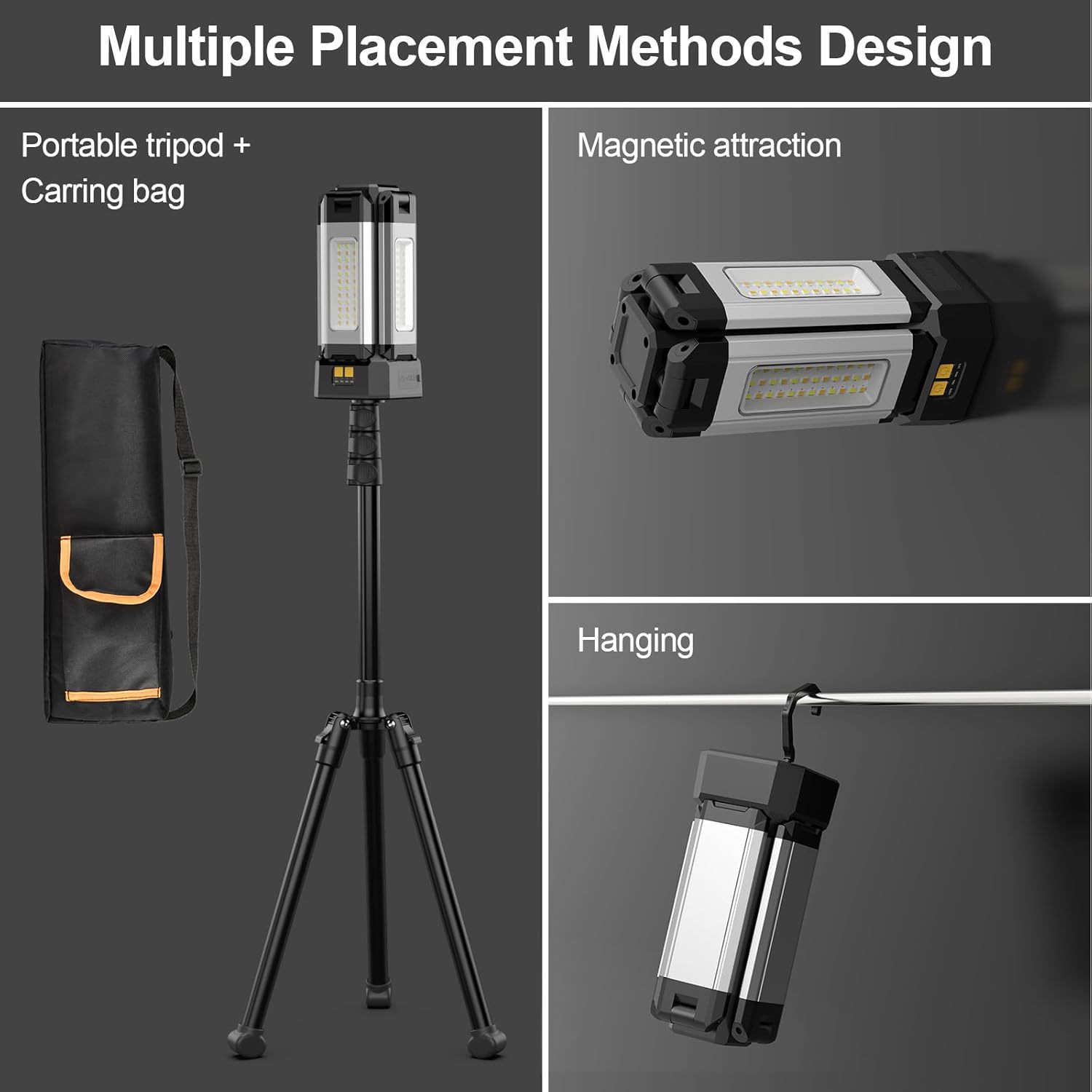 The 1200-lumen aluminum umbrella lamp has a hook, is foldable and can be equipped with a bracket. It features a Type-C charging function with three adjustable Settings Item Picture