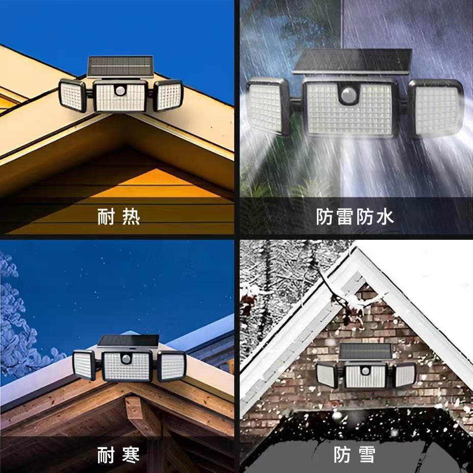 LED solar human body sensor wall lamp, three-head wall lamp, outdoor waterproof, garden courtyard fence lamp, household lighting Specification drawing