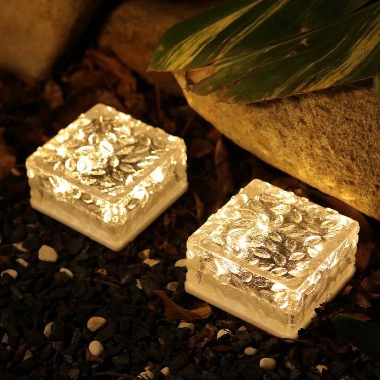 Solar-powered large ice brick lights, outdoor courtyard staircase, lawn ornaments, square floor tile lights, waterproof imitation glass landscape lights full figure