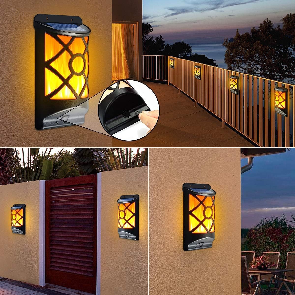 Cross-border solar outdoor wall-mounted waterproof courtyard LED flame lamp, garden sensor wall lamp, home decorative lamp Specification drawing