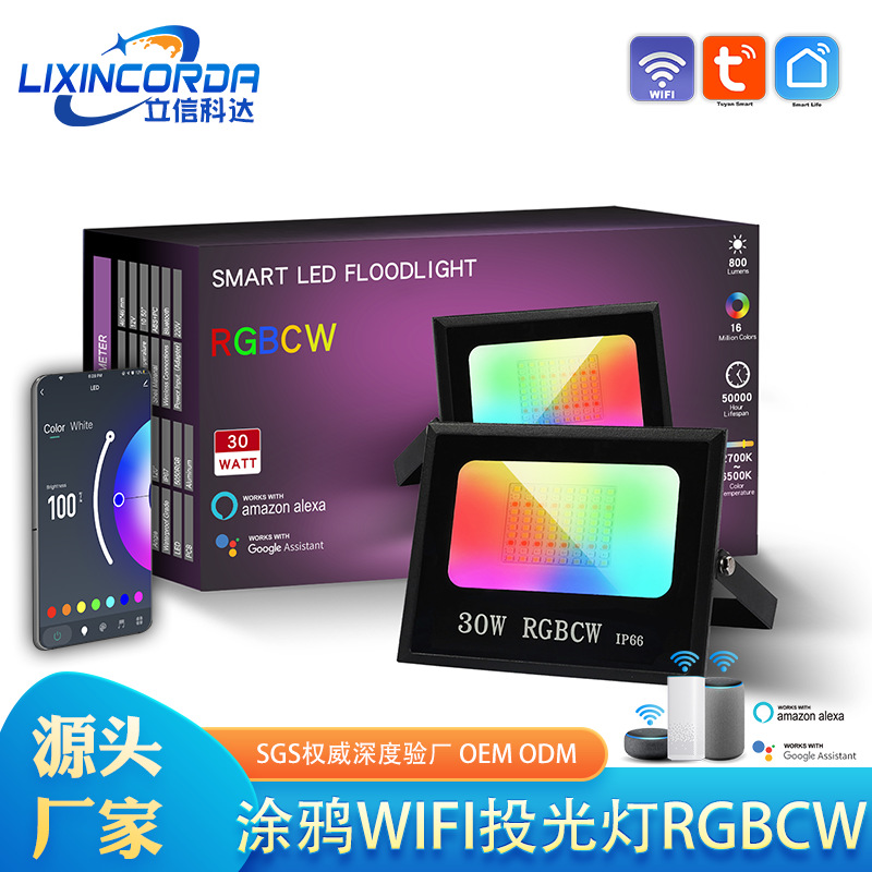 Cross-border graffiti Wifi Bluetooth RGBCW color floodlight wide voltage smart APP remote control seven-color LED floodlight full figure