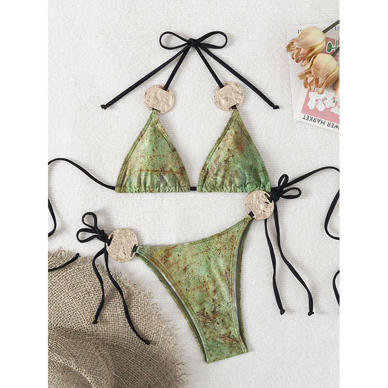 金属装饰三点比基尼可调节抽绳三角杯泳装海边度假分体泳衣