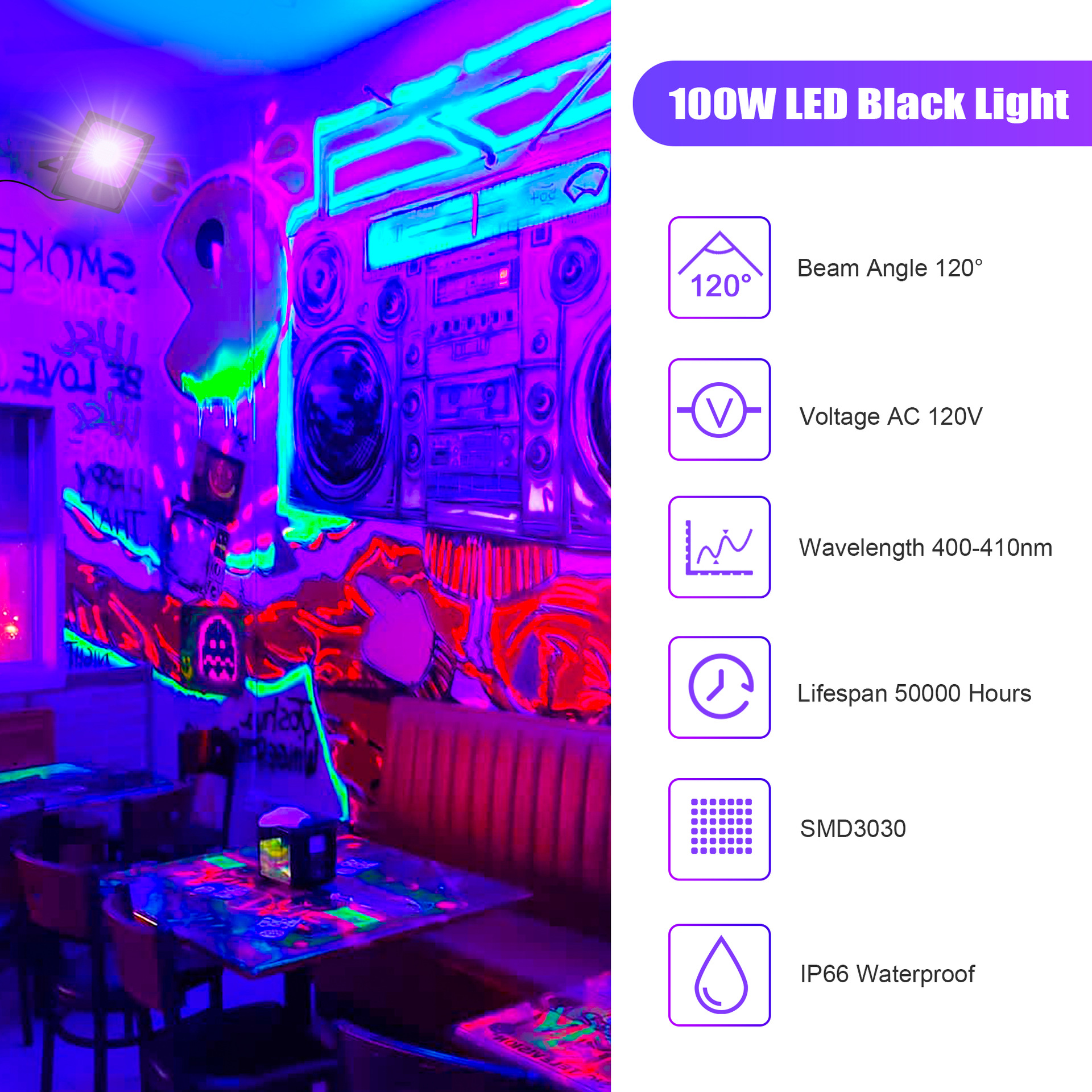 LED stage floodlights, CE and FCC certified, cross-border outdoor courtyard UV floodlights, purple fluorescent party atmosphere lights details Picture