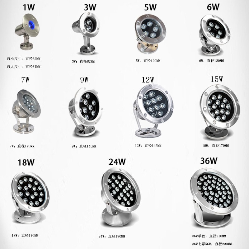 led underwater diving lights, bottom lights, pool lights, fishpond landscape lights, fountain lights, waterproof seven-color spotlights, 12V, 24V Specification drawing