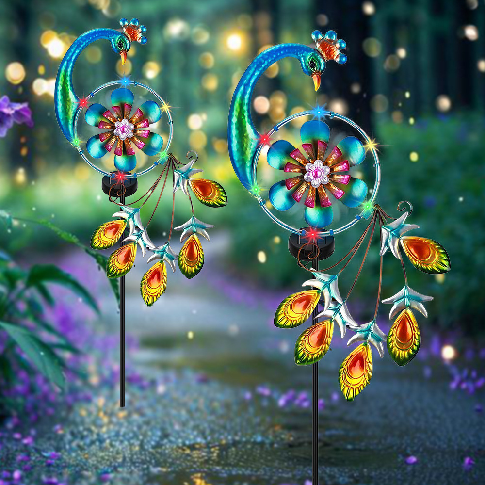 New outdoor solar-powered courtyard atmosphere lights, garden lawn landscape decoration peacock lights, iron windmill ground insert lights full figure