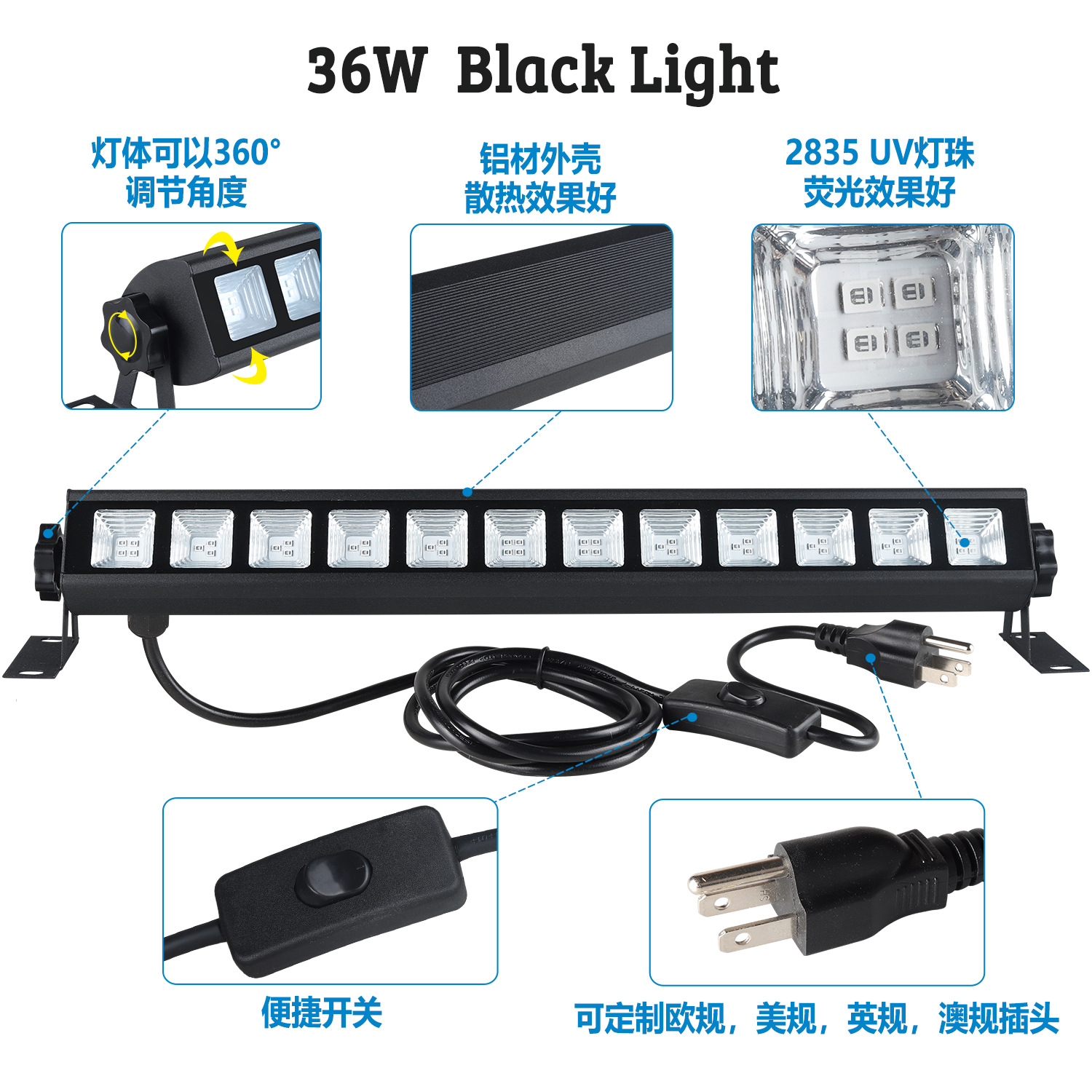 Amazon cross-border UV wall washer light, violet long strip light, Halloween haunted house fluorescent light, LED 36W 40LEDs details Picture