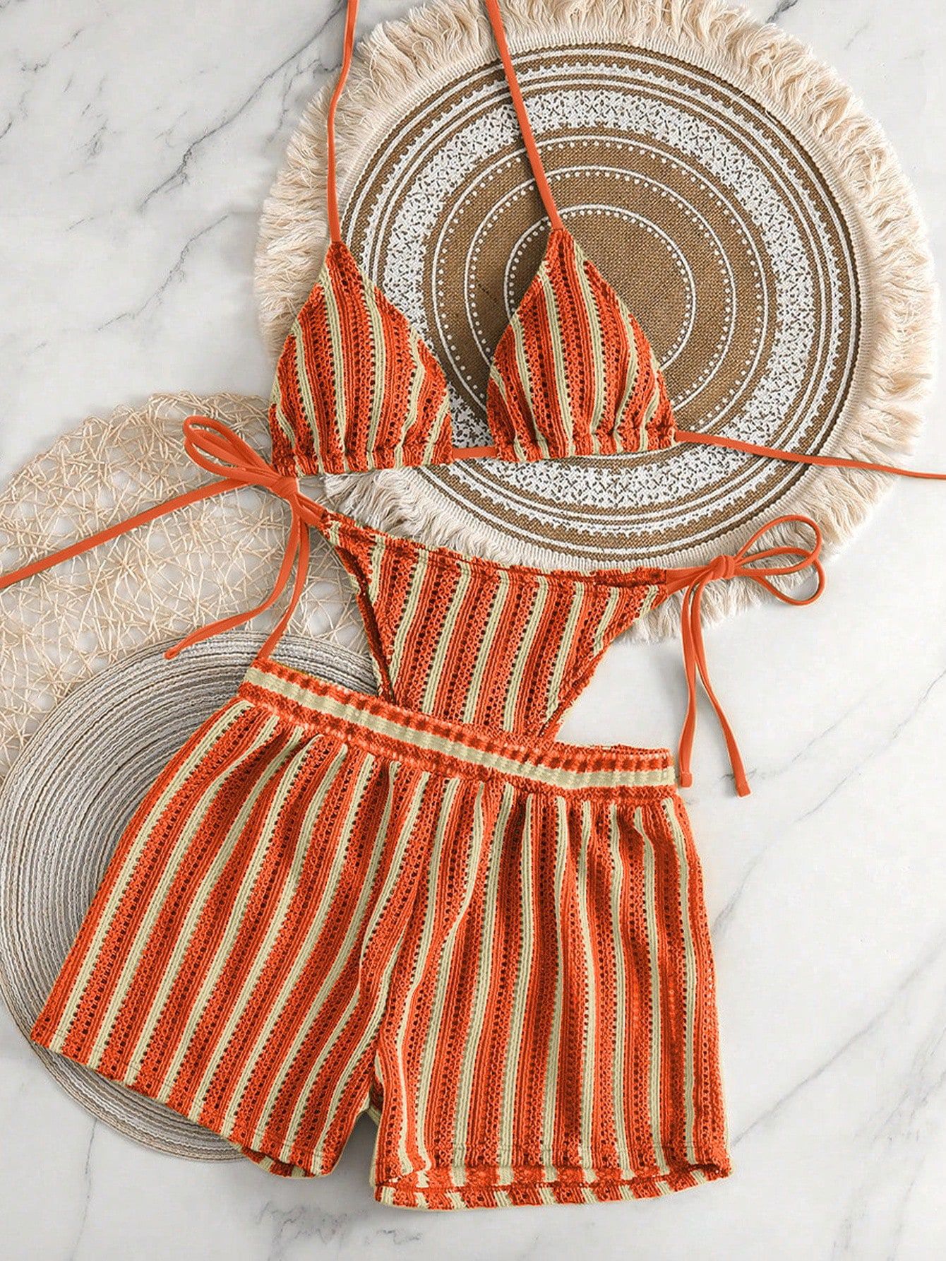 Bohemian Vacation-Style Color-Blocked Jacquard Sexy Drawstring Lace-Up Swimsuit Bikini