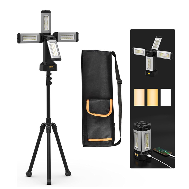 The 1200-lumen aluminum umbrella lamp has a hook, is foldable and can be equipped with a bracket. It features a Type-C charging function with three adjustable Settings full figure