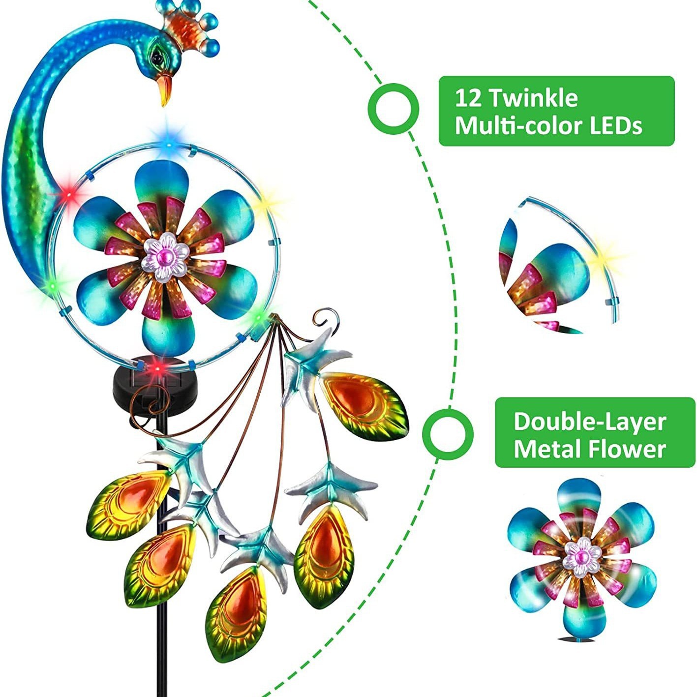 New outdoor solar-powered courtyard atmosphere lights, garden lawn landscape decoration peacock lights, iron windmill ground insert lights Application Scenario
