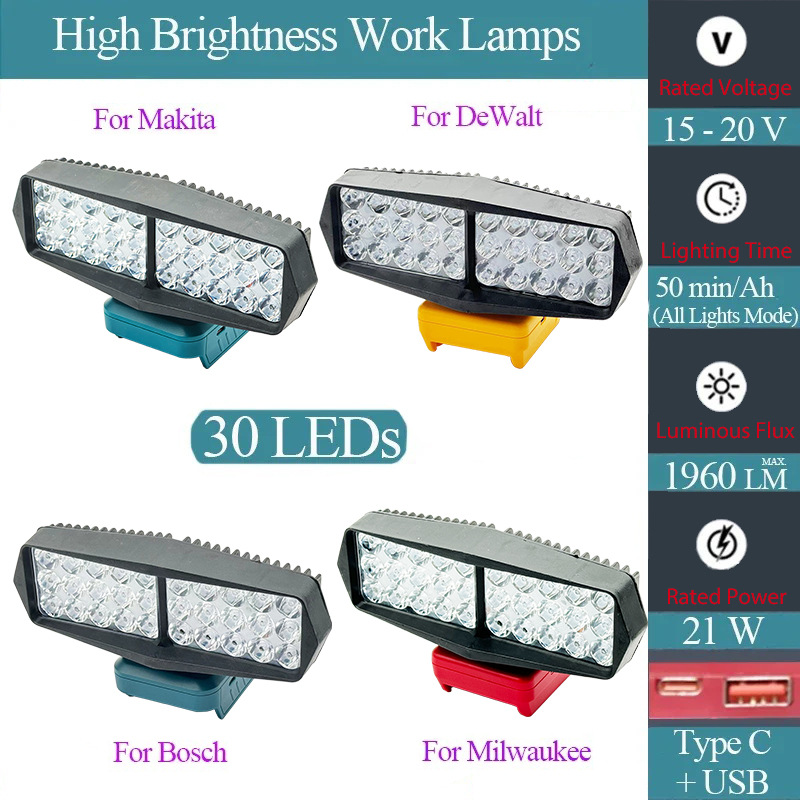 The 30LED work light strip USB&Type-C output is compatible with Makita Dewei Bosch Mivoch 18V lithium battery full figure