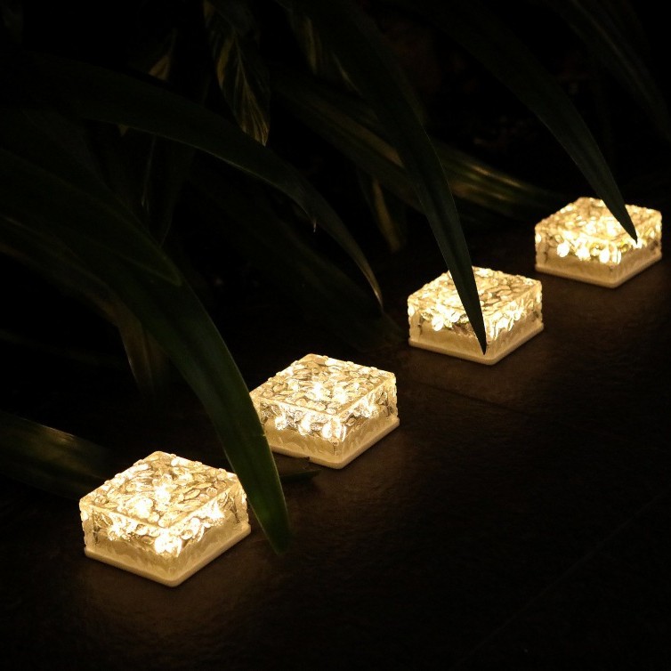 Solar-powered large ice brick lights, outdoor courtyard staircase, lawn ornaments, square floor tile lights, waterproof imitation glass landscape lights details Picture