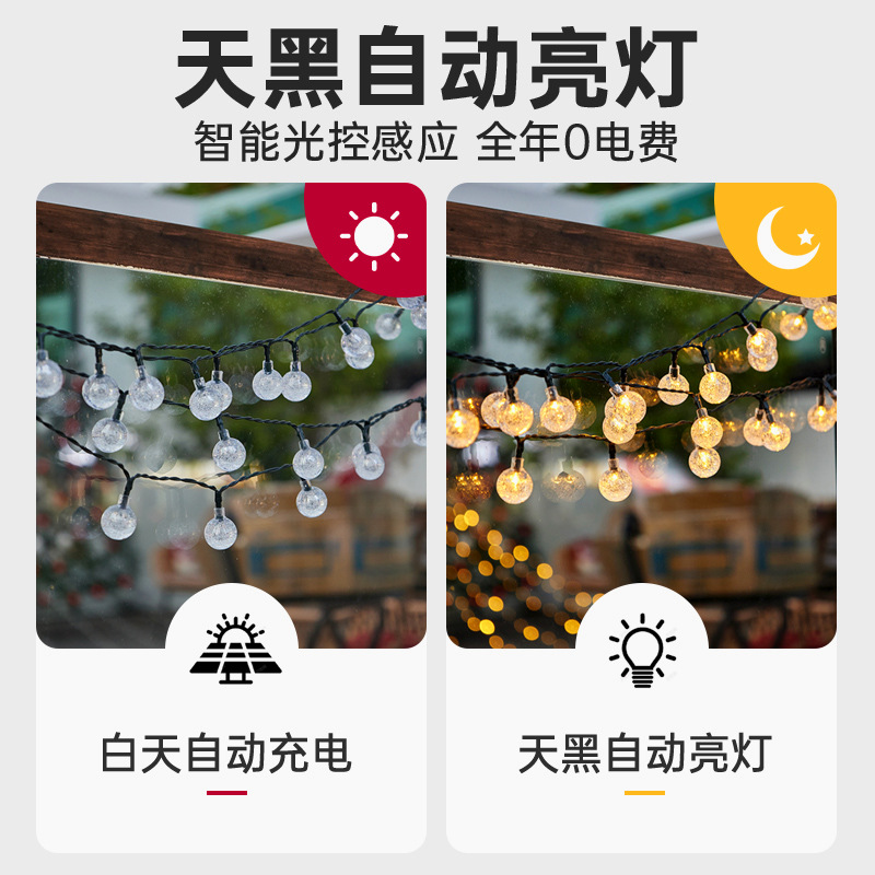 Solar-powered outdoor lights, courtyard home balcony atmosphere decorative light strings, outdoor waterproof light strips, garden tree hanging colored lights Specification drawing