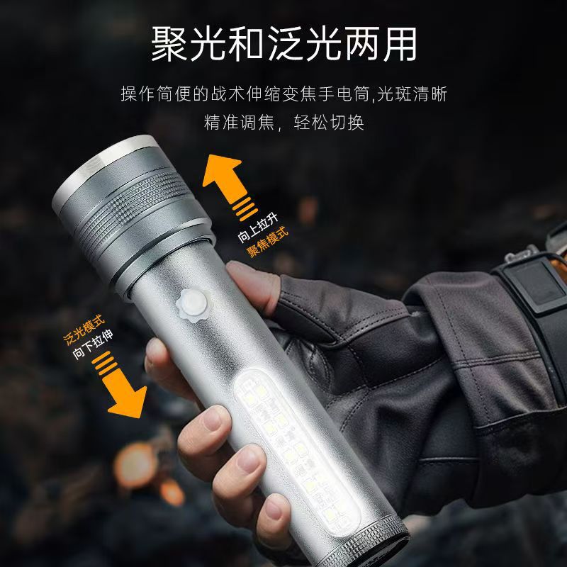 Foreign trade special supply of multi-functional high-intensity flashlight, aluminum alloy with side light, lithium battery, USB-Type-c charging details Picture