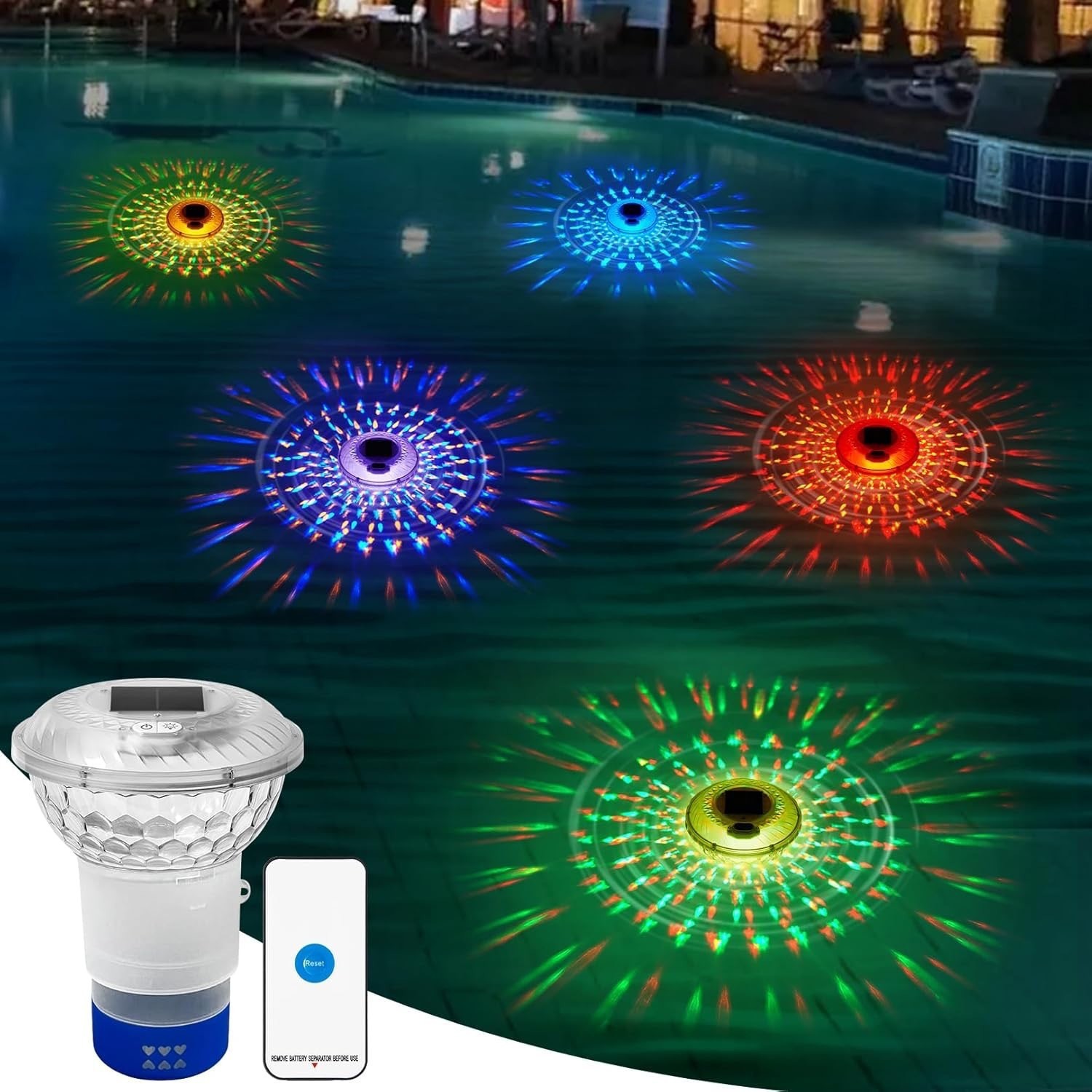 2025 Cross-border new product LED solar floating swimming pool light RGB seven-color remote control swimming pool chlorine float, chlorine float device light full figure