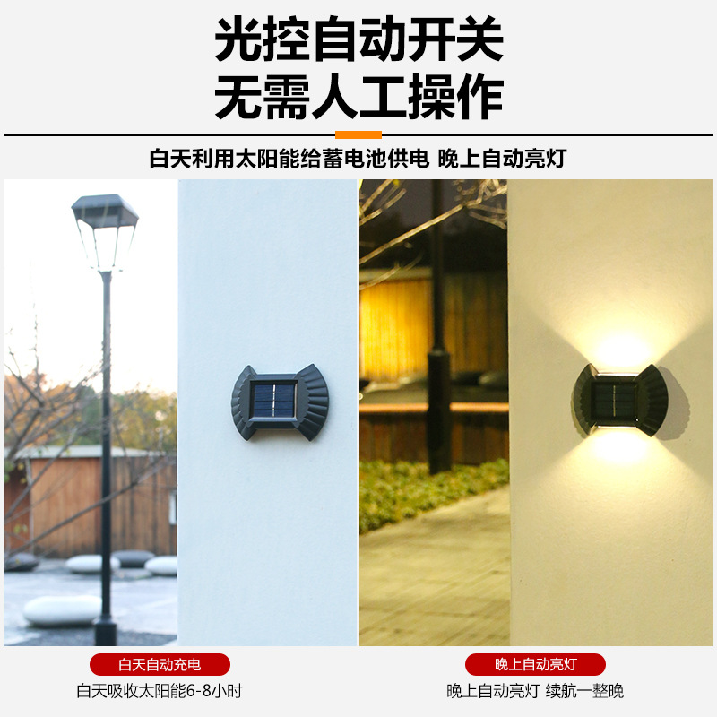 Solar wall lamps, outdoor courtyard landscape, garden atmosphere, wall decoration, balcony, terrace, up and down luminous wall-washing lamps Application Scenario
