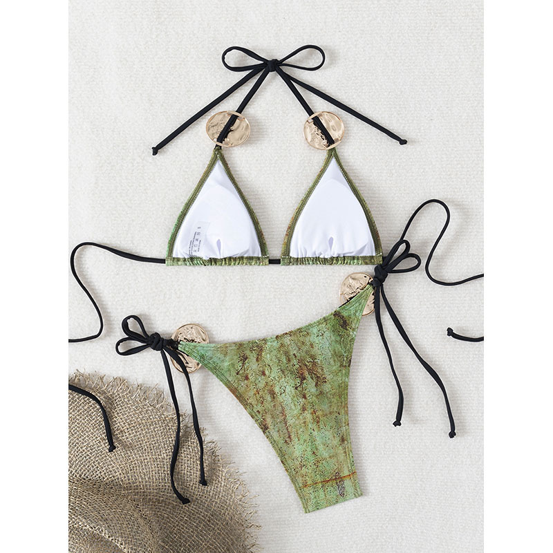 Metal-Decorated Three-Point Bikini, Adjustable Drawstring Triangular Cup Swimsuit, Seaside Vacation Two-Piece Swimsuit details Picture
