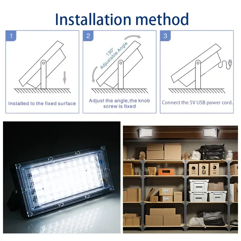 LED floodlight with high brightness of 6000K, USB power supply, and switch for garage, warehouse, indoor sports and architectural lighting Item Picture