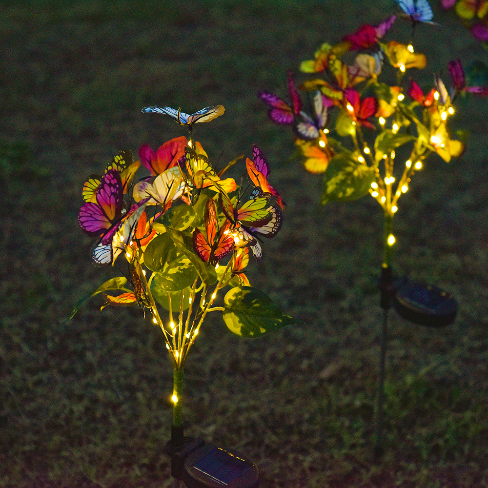Solar-powered dual-mode butterfly ground insert light, color led simulation silk fabric butterfly, outdoor courtyard garden decoration lawn details Picture