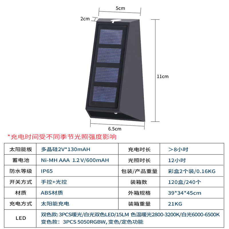 Solar wall-washing lights, wall lamps, outdoor fence and enclosure lights, garden villa decoration RGB courtyard lights that emit light up and down Specification drawing