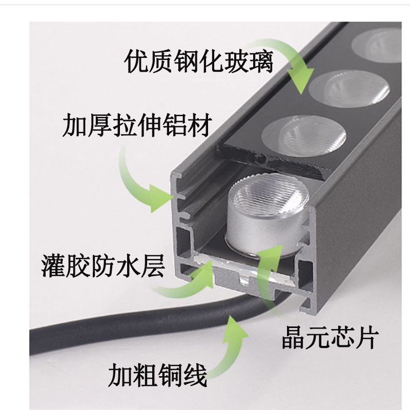 led wall-washing lights, waterproof led hotel exterior wall contour linear lights, advertising signs, DMX512 seven-color wall lighting lights Specification drawing