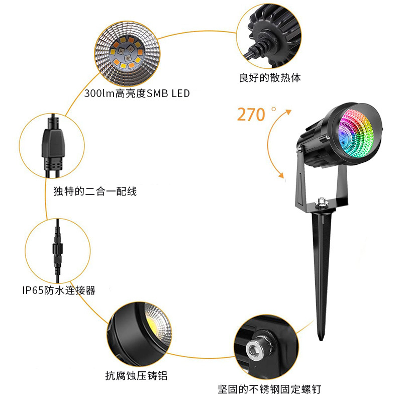 Hot-selling outdoor courtyard garden 3W waterproof led projector light, tree light, landscape villa lawn floor light, 1 drag 6 details Picture