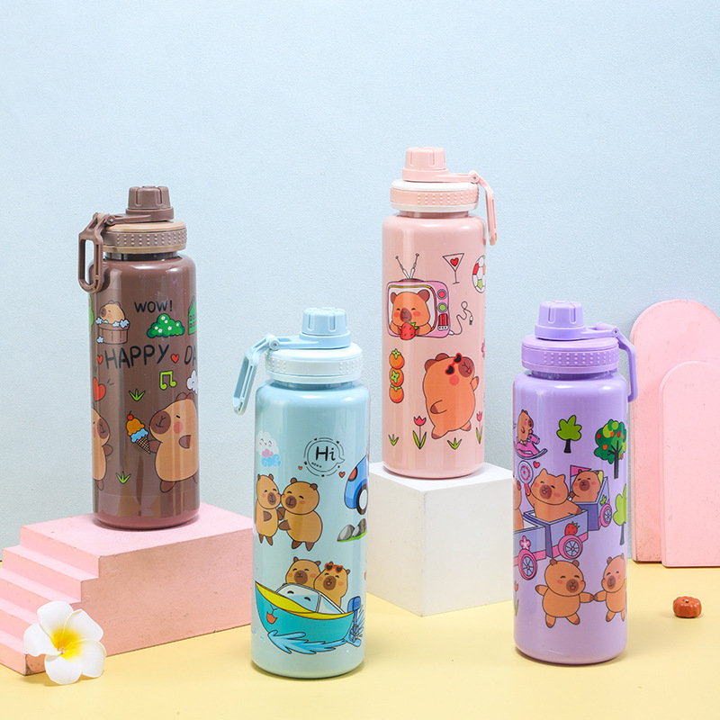 H164-HY-039B cartoon plastic cup, high appearance level, large-capacity transparent solid color water cup, portable water cup with handle