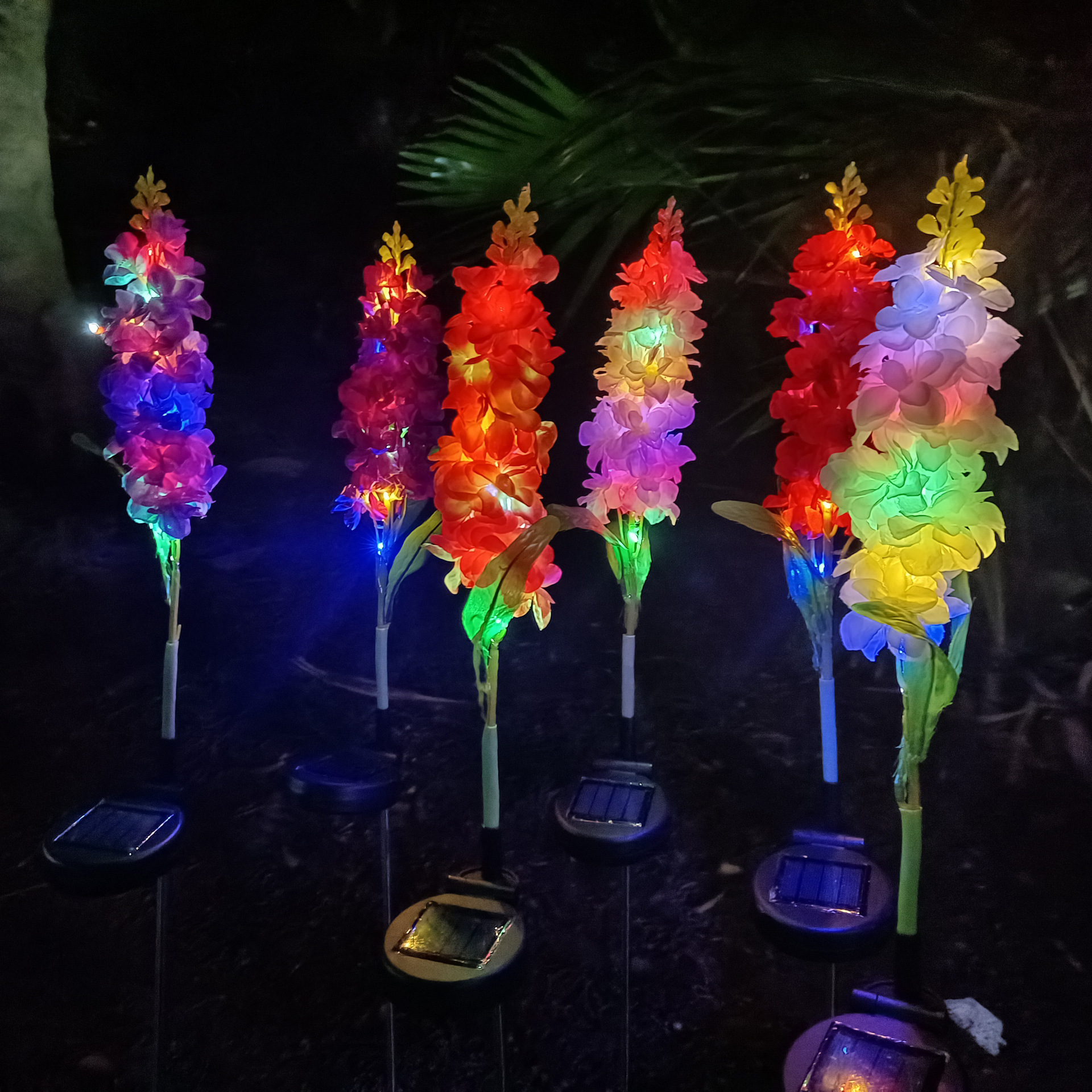 Solar-powered hyacinth simulation flower ground insert light, delphinium outdoor garden atmosphere decorative color light, courtyard landscape light Application Scenario