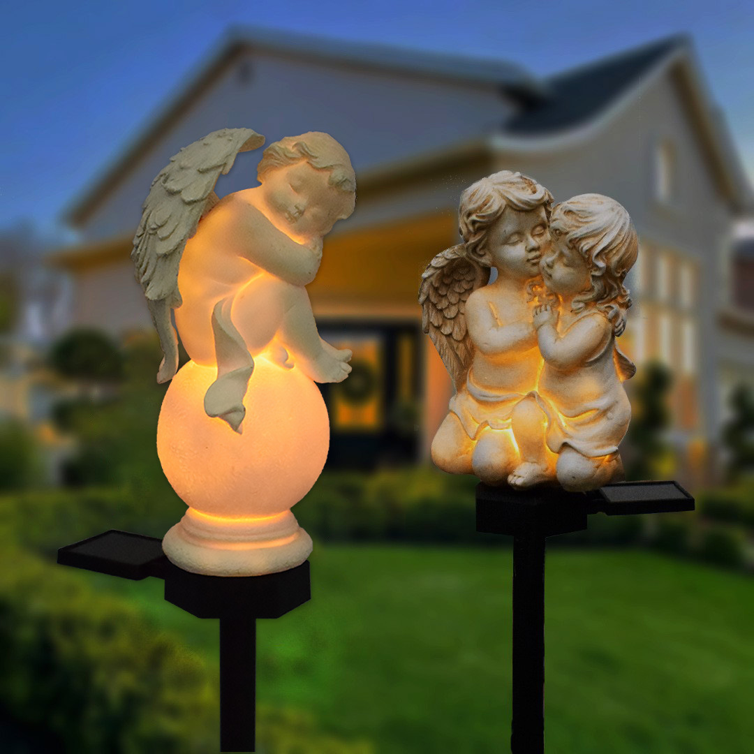 Solar-powered outdoor garden lamp handicrafts, floor-inserted resin angel-shaped statue, garden European-style landscape decorative lamp full figure